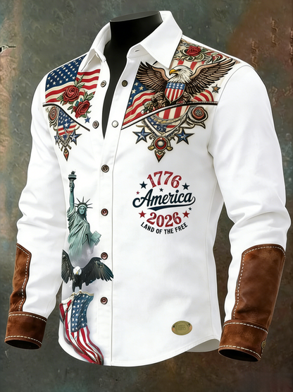 Men'S Casual American 250Th Anniversary Founding Lapel Long Sleeved Shirt