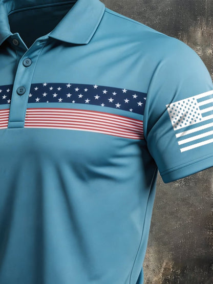 Men's Retro Patriot Color Block Polo Collar Short Sleeve