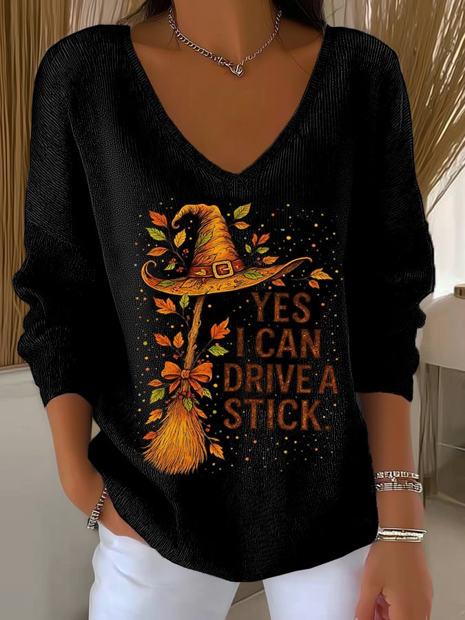 🔥HOT SALE🔥Women's Yes I Can Drive A Stick Print V Neck Sweater