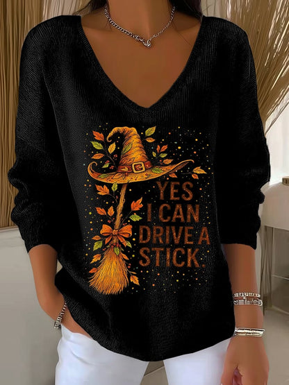 🔥HOT SALE🔥Women's Yes I Can Drive A Stick Print V Neck Sweater