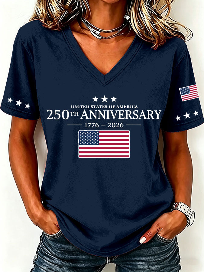 Women'S America Flag  Print Casual V-Neck T-Shirt