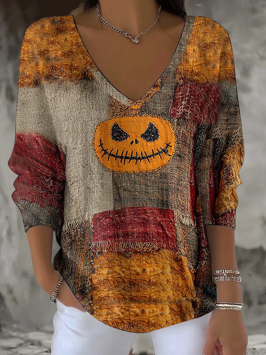 Women's Spooky Pumpkin Contrast Knitted Print Casual Top