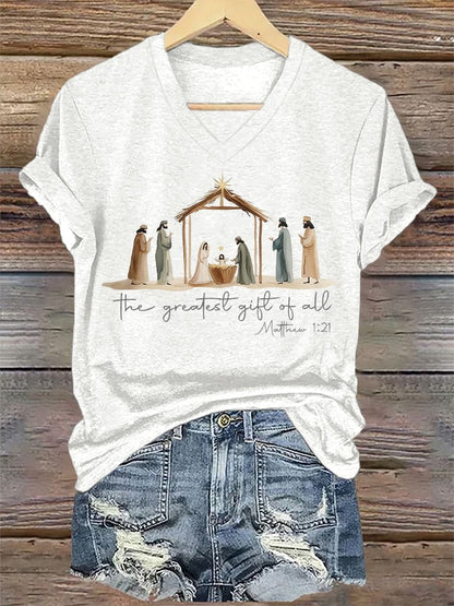 V-Neck Retro Christmas The Greatest Gift Of All Is Jesus Matthew 1:21 Print T-Shirt