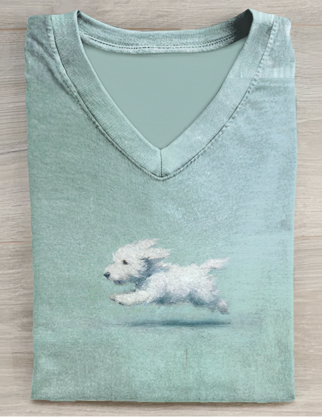 Funny Retro Cute Running White Dog Art Print V-neck Casual T-shirt