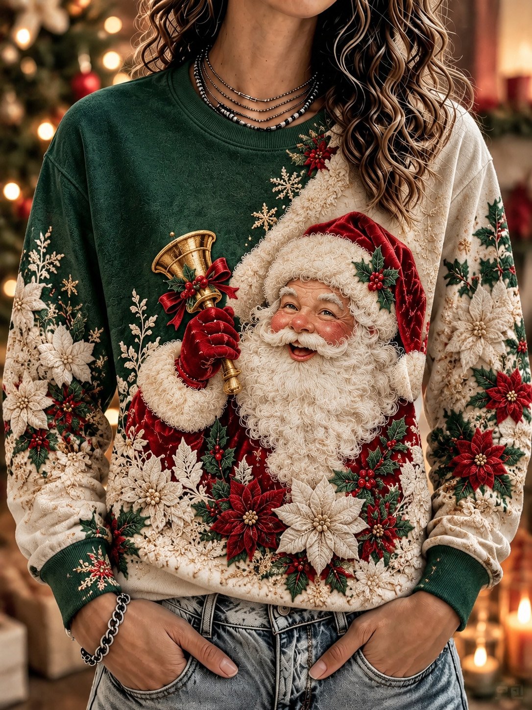 Women's Christmas Print Round Neck Long Sleeve Top