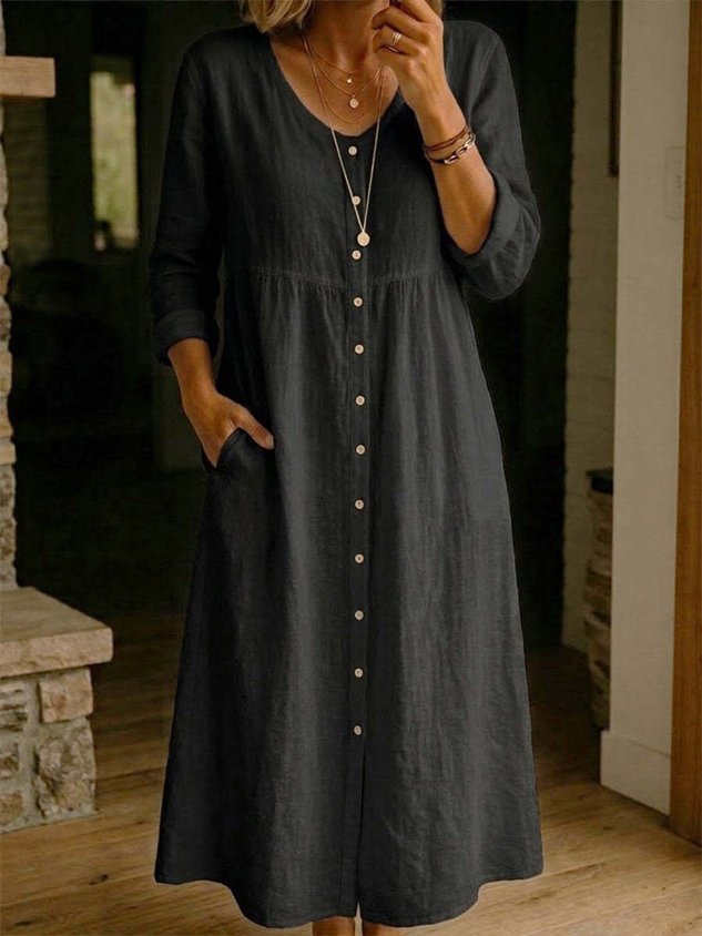Cotton And Linen Vintage Loose Dress With No