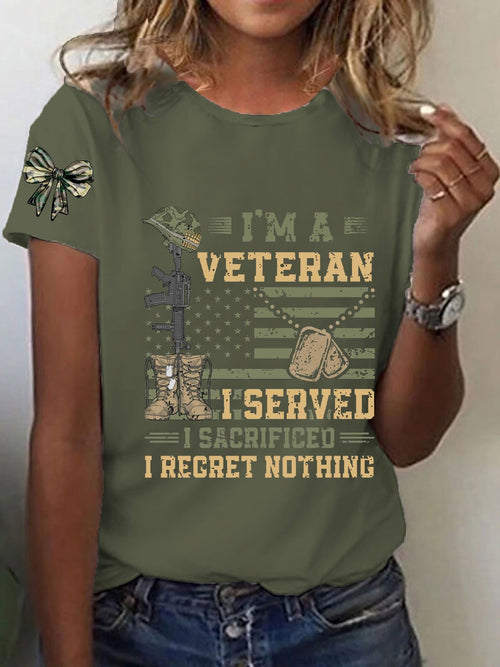 Women's Patriotic Veteran USA Flag Print T-Shirt