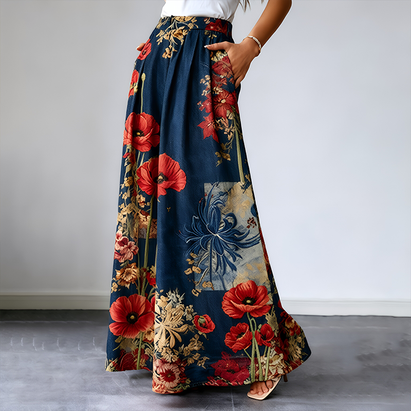 Women's "Red Friday" Poppy Print Casual Wide-Leg Pants