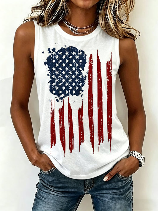 Women's Retro Flag Print Crew Neck Tank Top