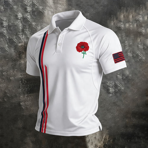 Men's Poppy American Flag Print Polo Shirt