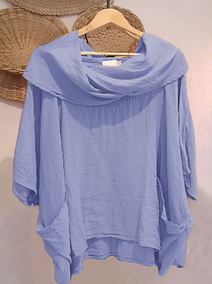 Women's Solid Color Draped Neck 3/4 Sleeve Comfortable Casual Linen Pocket Top