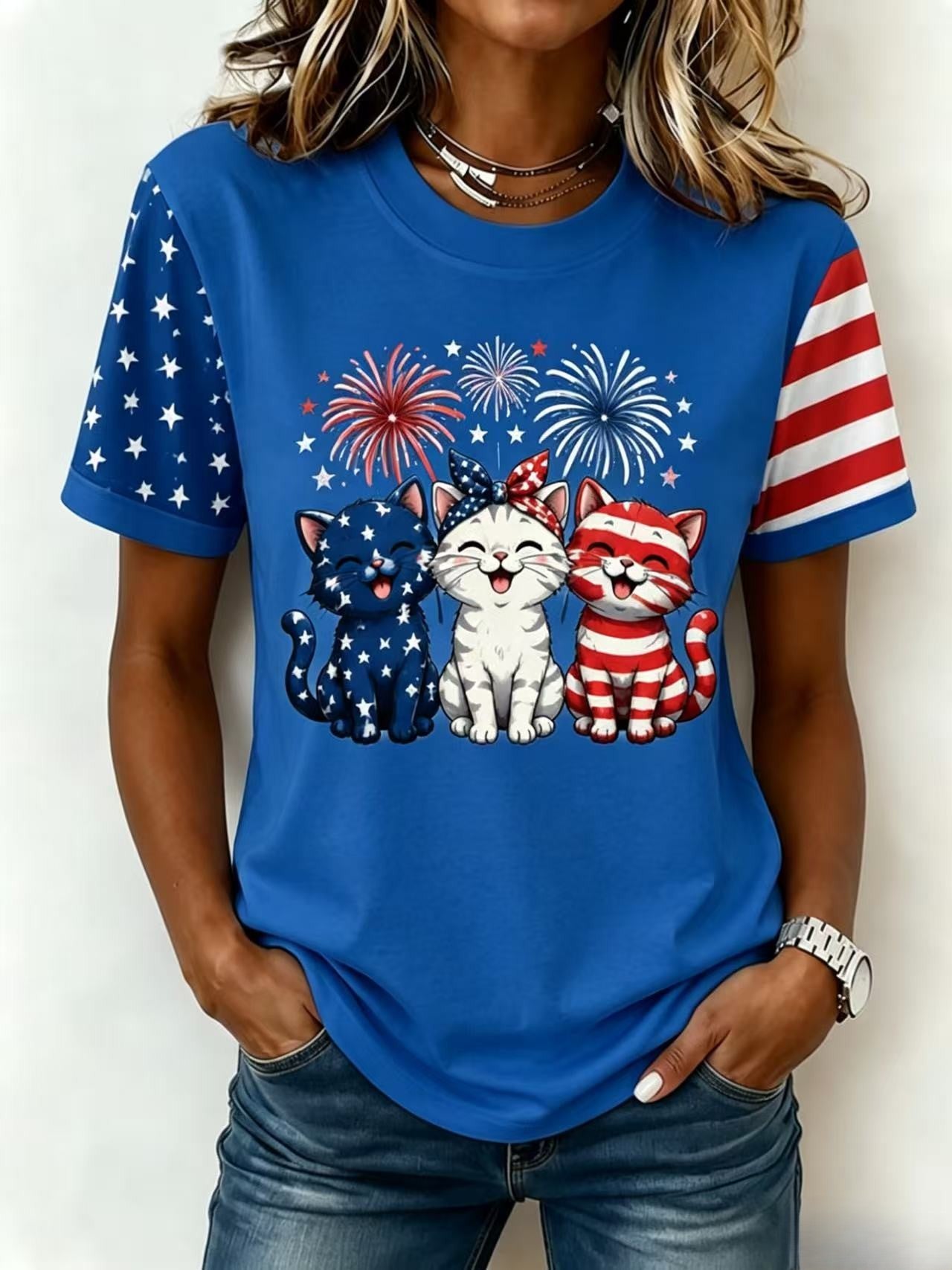 Women's American 250 Flag Kittens Printed Casual T-shirt