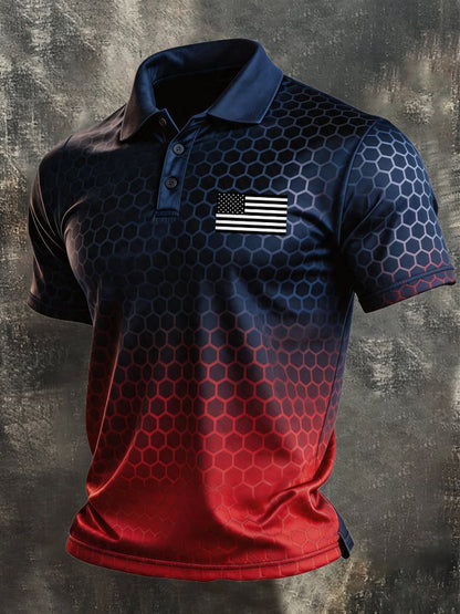 Men's Retro Patriotic Color-Block Short-Sleeve Polo Shirt