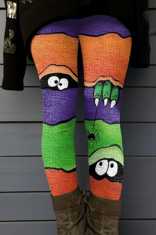 Women's Retro Halloween Peekaboo Monster Print Leggings