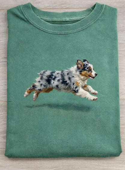 Funny Retro Cute Running Dog Art Print Casual Cotton Short Sleeve T-shirt