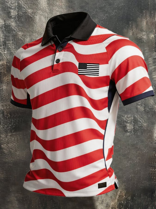 Men's Retro Patriotic Color-Block Short-Sleeve Polo Shirt