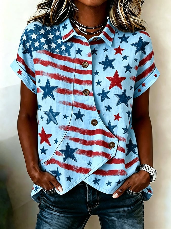 Women's Casual Retro Cotton-Linen Patriotic Shirt