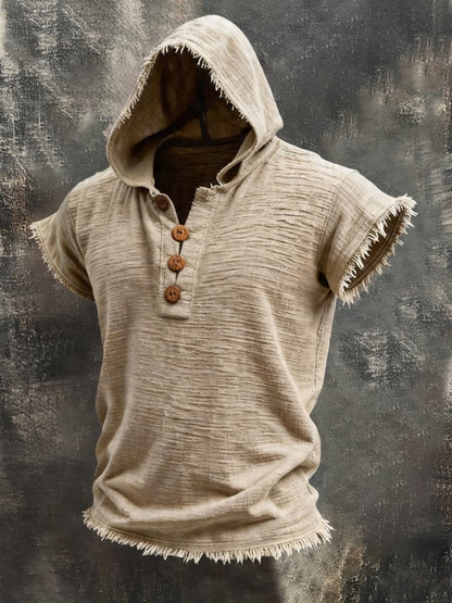 Men'S Retro Cotton-Linen Short-Sleeve Hoodie With Frayed Edges