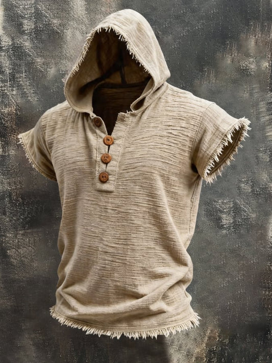 Men'S Retro Cotton-Linen Short-Sleeve Hoodie With Frayed Edges