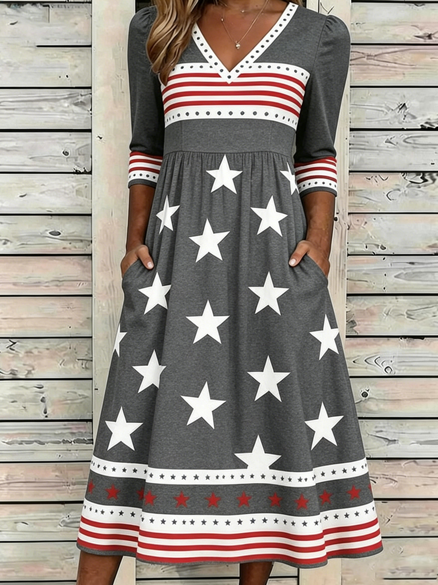 🔥Buy 3 Get 10% Off🔥Women's Retro American Independence Day Printed V-neck Dress