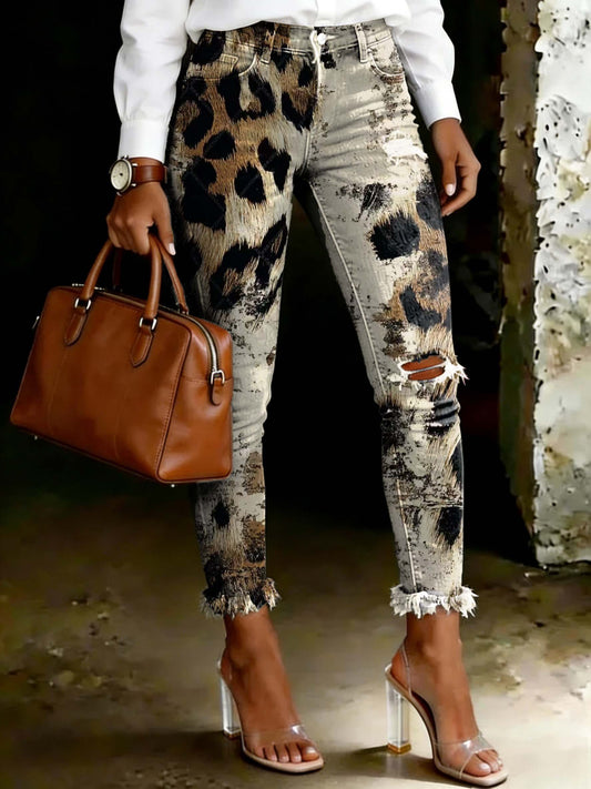 Women's Vintage Gradient Leopard Print Art Ripped Skinny Jeans