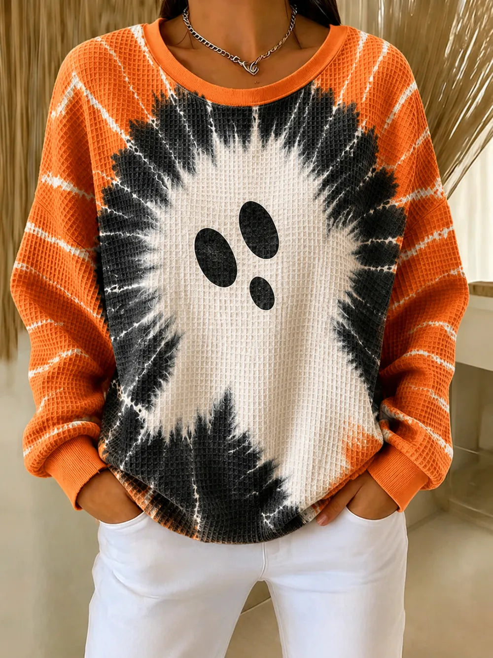 Women'S Halloween Ghost Printed Waffle Sweatshirt
