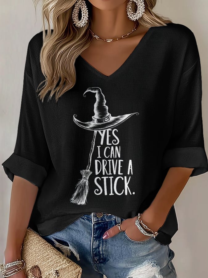 Women'S I Can Drive a Stick Print Casual Waffle T-Shirt
