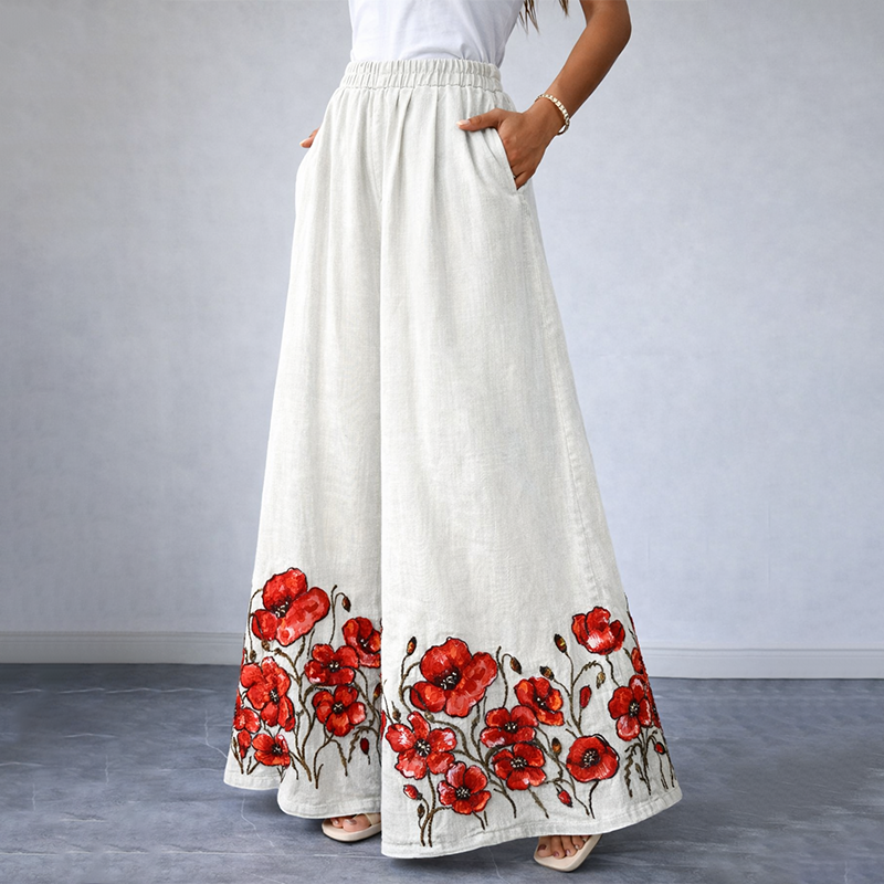 Women's "Red Friday" Poppy Print Casual Wide-Leg Pants
