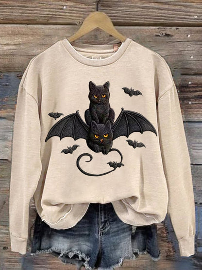 Women's Autumn Halloween Cute Bat and Black Cat Printed Casual Holiday Round Neck Sweatshirt