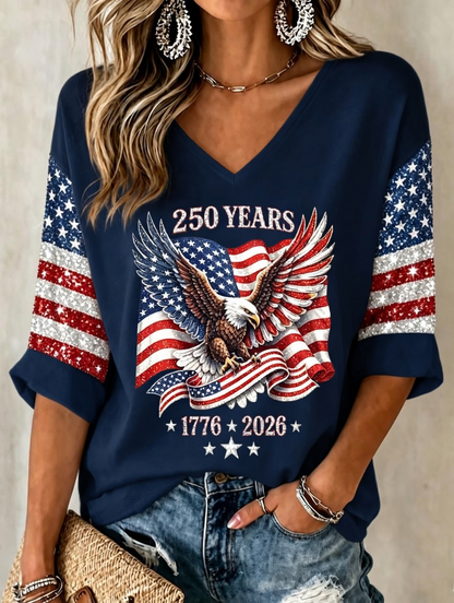 Women'S Retro Independence Day Faith Rose Pattern Casual V-Neck T-Shirt