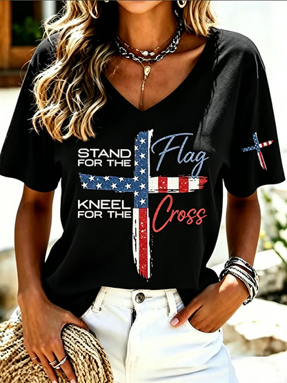 Women's Stand For Flag Kneel For The Cross Printed Short-Sleeve T-Shirt