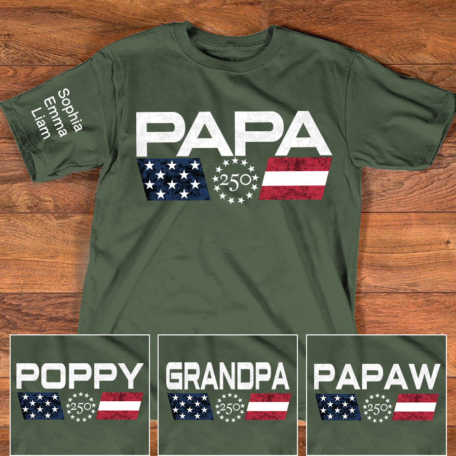 Personalized Papa 250 Years Of Freedom Shirt With Kids Names Sleeve, Patriotic Grandpa Family, U.S. 250th Anniversary 1776 2026 Gift For Fathers Day Birthday