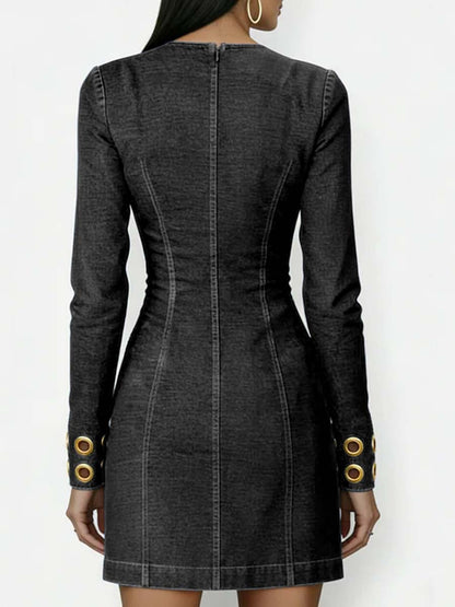 Women's Round Neck Long Sleeve Casual Slim Fit Denim Dress