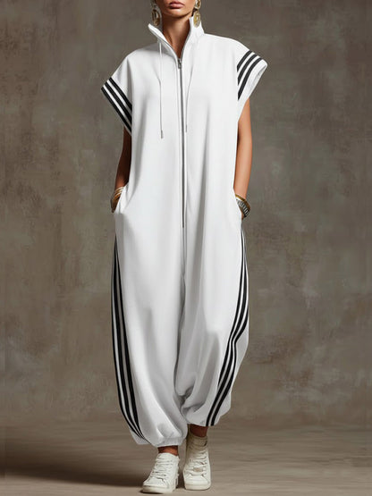 Women's Relaxed Stand-collar Short-sleeved Casual Loose Cotton Wide-leg Jumpsuit