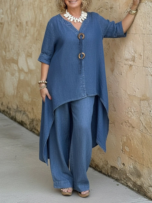 Casual Denim Button Details Top And Wide-leg Pants Two-piece Set