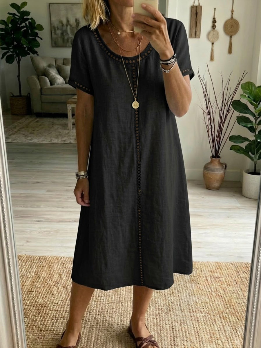 Casual Patchwork Openwork Ribbon Linen And Cotton Dress