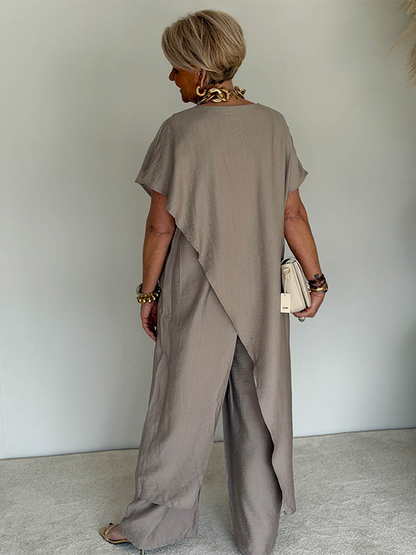 Women's Cozy Loose Fit Asymmetrical Two-Piece Set - Casual Retro Cotton Blend Outfit