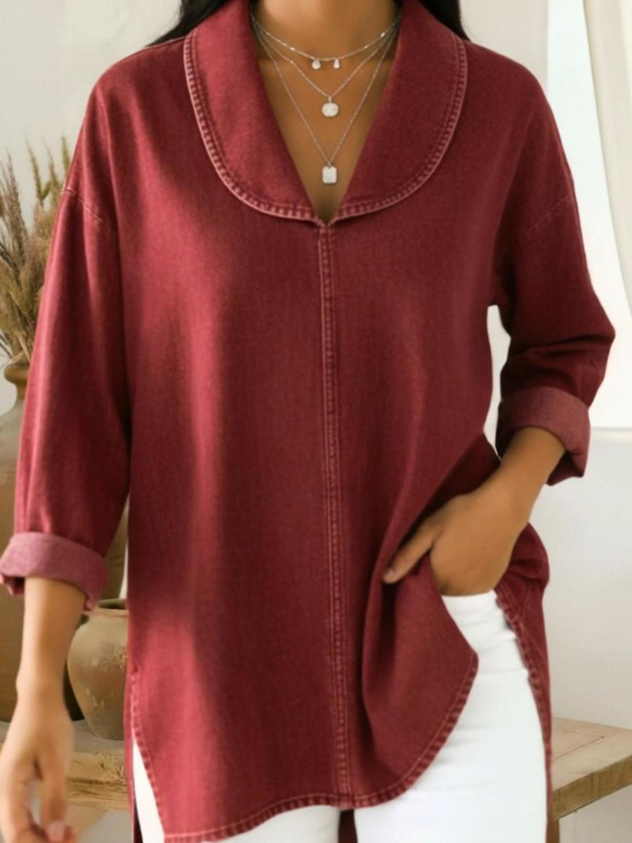 Retro Shawl Collar Denim Cotton Top