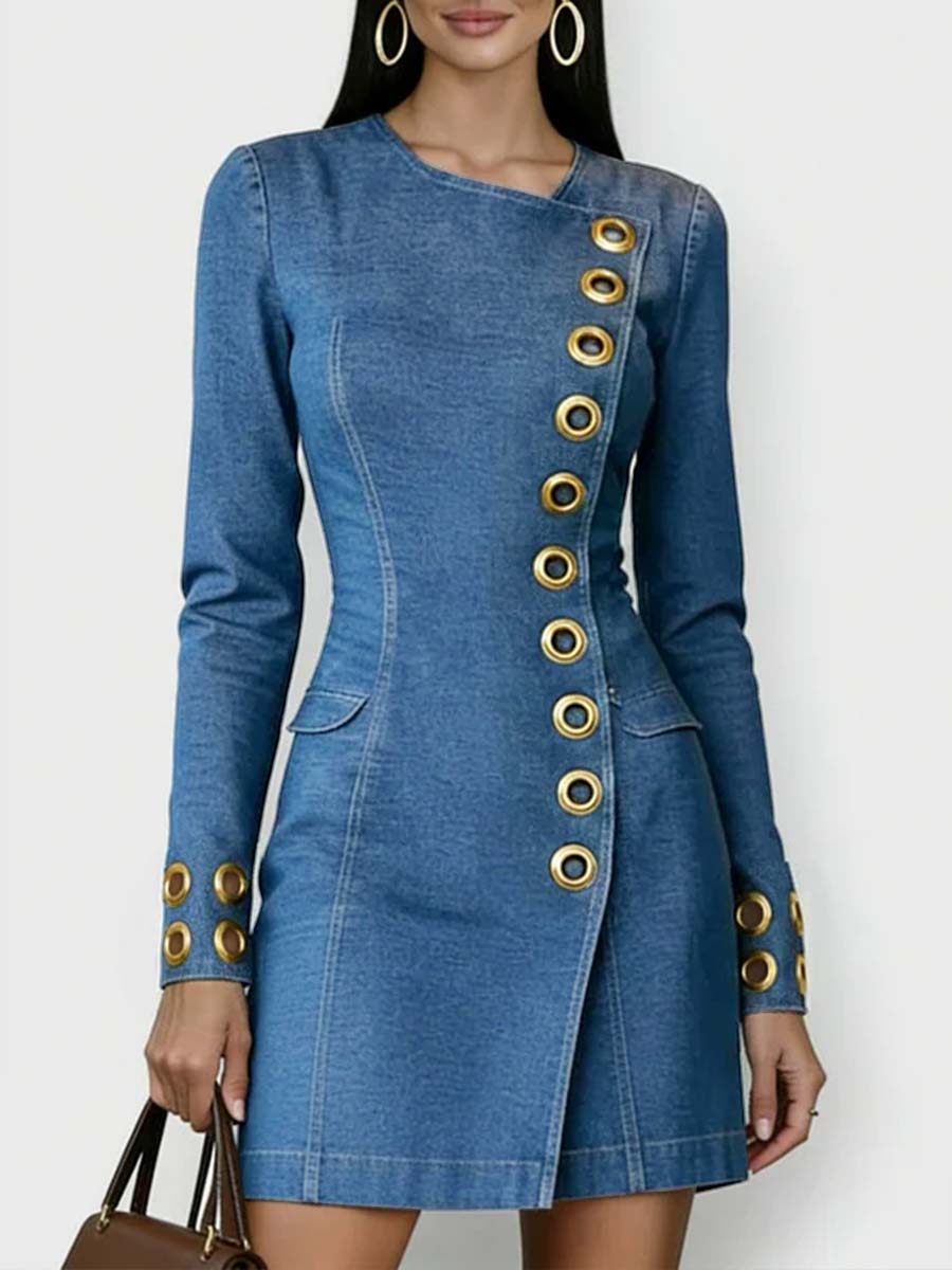 Women's Round Neck Long Sleeve Casual Slim Fit Denim Dress