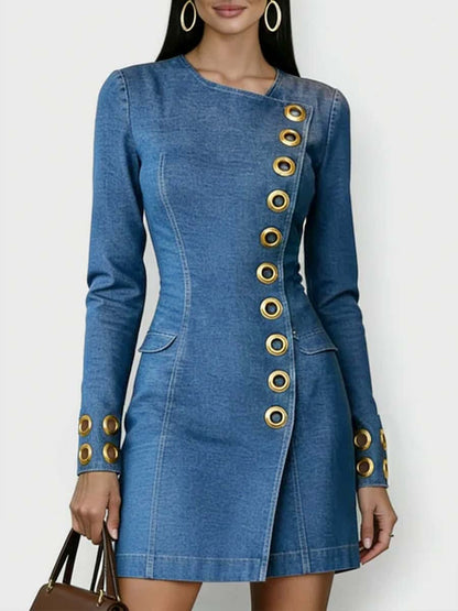 Women's Round Neck Long Sleeve Casual Slim Fit Denim Dress