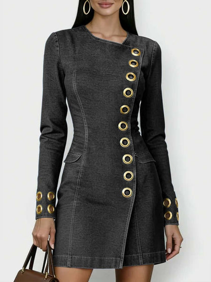 Women's Round Neck Long Sleeve Casual Slim Fit Denim Dress