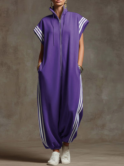 Women's Relaxed Stand-collar Short-sleeved Casual Loose Cotton Wide-leg Jumpsuit