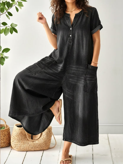 Women's Casual Loose Short-sleeved Denim Jumpsuit