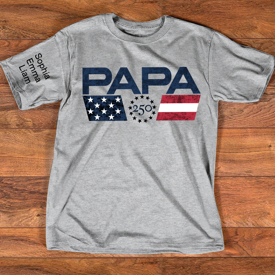Personalized Papa 250 Years Of Freedom Shirt With Kids Names Sleeve, Patriotic Grandpa Family, U.S. 250th Anniversary 1776 2026 Gift For Fathers Day Birthday