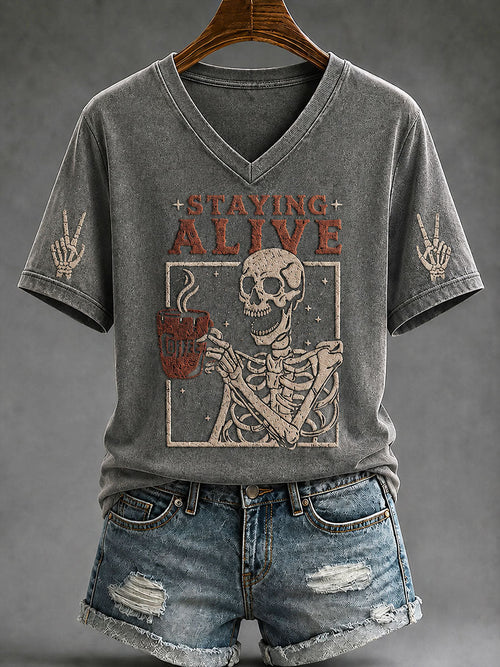 Women's "Staying Alive" Trendy Coffee Funny Skulls Halloween Casual T-Shirt