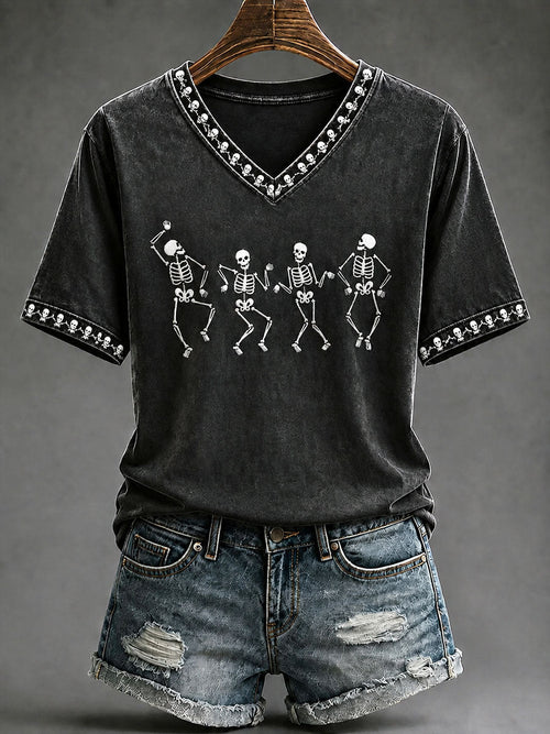 Women's Fun Skull Dancing Halloween Casual T-shirt