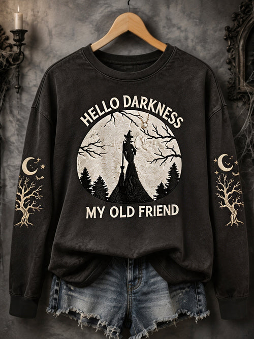 Women's Funny Halloween Hello Darkness My Old Friend Witch Print Casual Sweatshirt