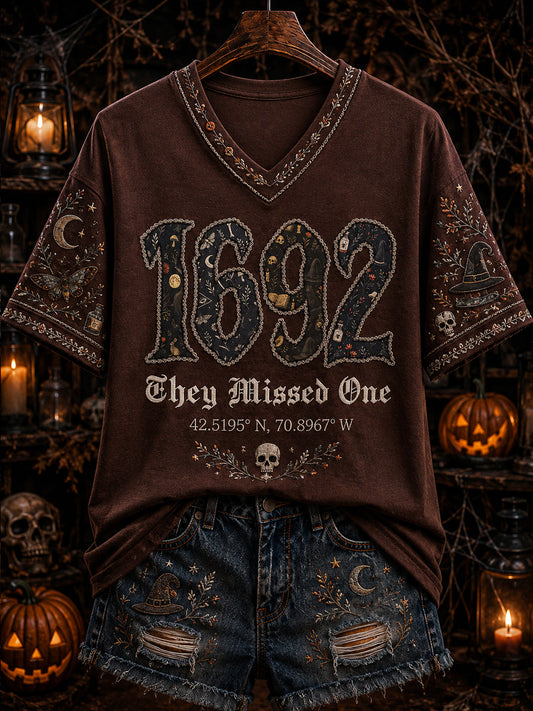 Women's “1692 they messed one ” Printed V-neck T-shirt