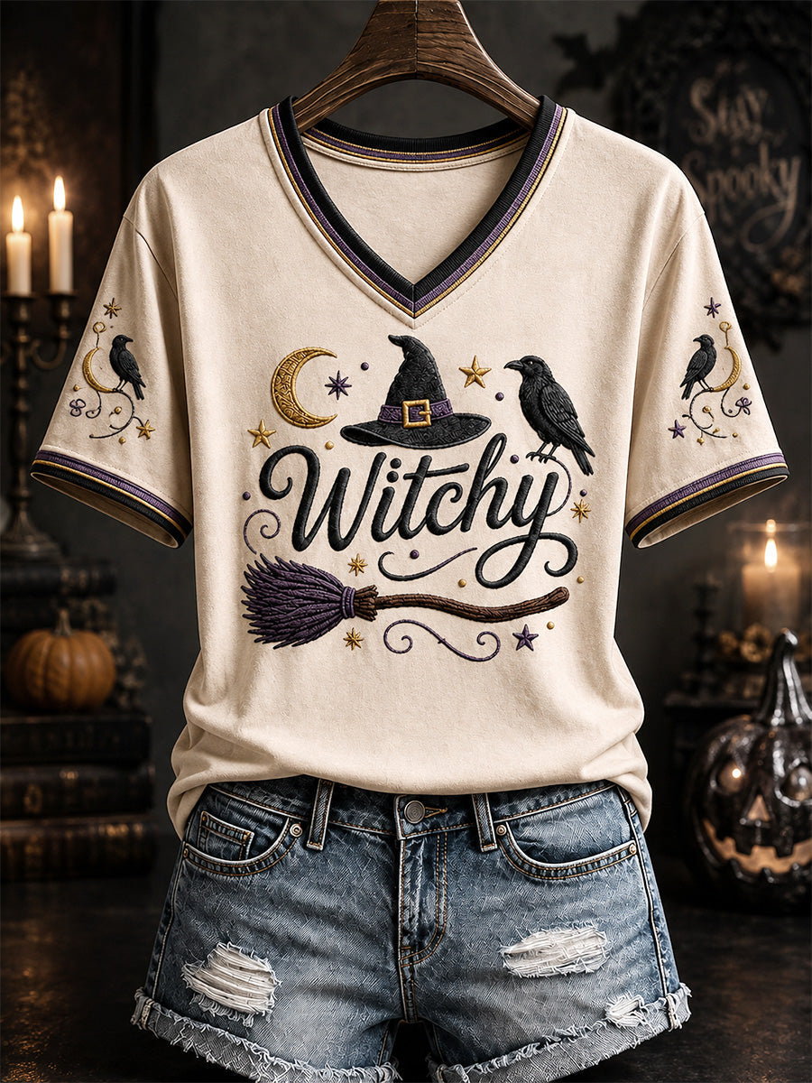 Women's Halloween Witchy Print Casual V-Neck Tee