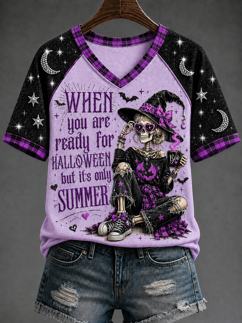 Women's When You're Ready For Halloween, But It's Summer V-neck Off-shoulder Short-sleeved T-shirt
